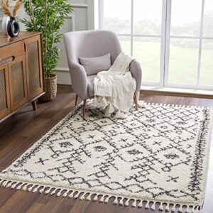 Hauteloom Berber Shag - Godalming Farmhouse Living Room Bedroom Area Rug with Tassel - Fluffy Plush High Pile Carpet - Soft Shaggy Rug, Moroccan Trellis - White, Beige, Cream, Black - 5'3" x 7'3"