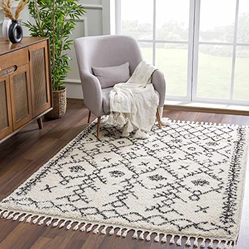 Hauteloom Berber Shag - Godalming Farmhouse Living Room Bedroom Area Rug with Tassel - Fluffy Plush High Pile Carpet - Soft Shaggy Rug, Moroccan Trellis - White, Beige, Cream, Black - 5'3" x 7'3"