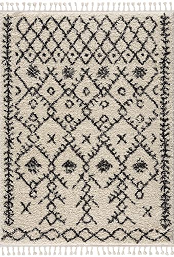 Hauteloom Berber Shag - Godalming Farmhouse Living Room Bedroom Area Rug with Tassel - Fluffy Plush High Pile Carpet - Soft Shaggy Rug, Moroccan Trellis - White, Beige, Cream, Black - 5'3" x 7'3"