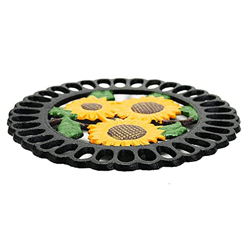 Sungmor Heavy Duty Cast Iron Trivet,Decorative Painting Trivet for Kitchen or Dinning Table,7.5x7.5 Inch - Round with Vintage Lovely Sunflower Pattern