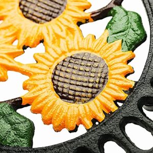 Sungmor Heavy Duty Cast Iron Trivet,Decorative Painting Trivet for Kitchen or Dinning Table,7.5x7.5 Inch - Round with Vintage Lovely Sunflower Pattern