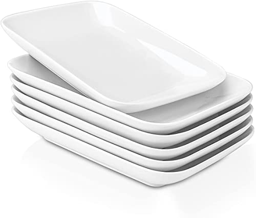 DELLING 8 Inch Rectangular Salad Plates/Appetizer Plates Set, Porcelain Dessert Plates, Small Serving Plates for Salad, Appetizer and More - Microwave, Oven, and Dishwasher Safe - Set of 6, White