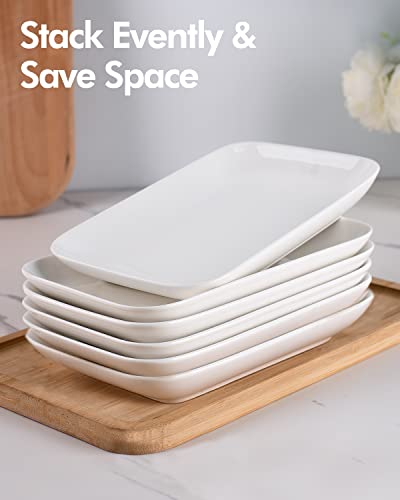 DELLING 8 Inch Rectangular Salad Plates/Appetizer Plates Set, Porcelain Dessert Plates, Small Serving Plates for Salad, Appetizer and More - Microwave, Oven, and Dishwasher Safe - Set of 6, White