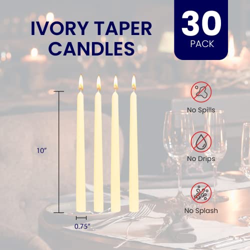 Exquizite Ivory Taper Candles - 30 Pack Unscented Dripless Taper Candles 10 inch x 3/4 inch - Perfect Tapered Candles for Home, Centerpieces, Tall Candles for Weddings, Parties and Special Occasions