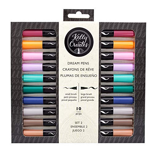 Kelly Creates Dual Tip Brush Pens, 10 Pack, American Crafts, Fine Tip, Large Tip, Lettering, Calligraphy, Coloring, Drawing, Multicolor, Brush Markers