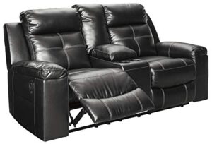 signature design by ashley kempten faux leather manual reclining sofa with high back, center console and blue led lighting, black