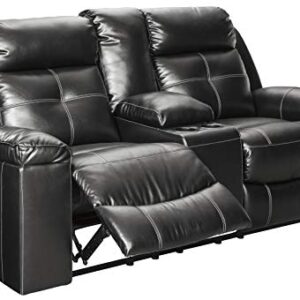 Signature Design by Ashley Kempten Faux Leather Manual Reclining Sofa with High Back, Center Console and Blue LED Lighting, Black