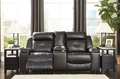 Signature Design by Ashley Kempten Faux Leather Manual Reclining Sofa with High Back, Center Console and Blue LED Lighting, Black