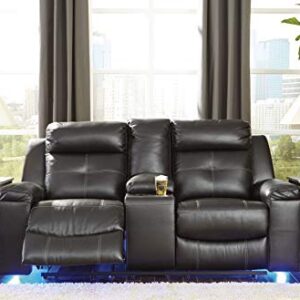 Signature Design by Ashley Kempten Faux Leather Manual Reclining Sofa with High Back, Center Console and Blue LED Lighting, Black