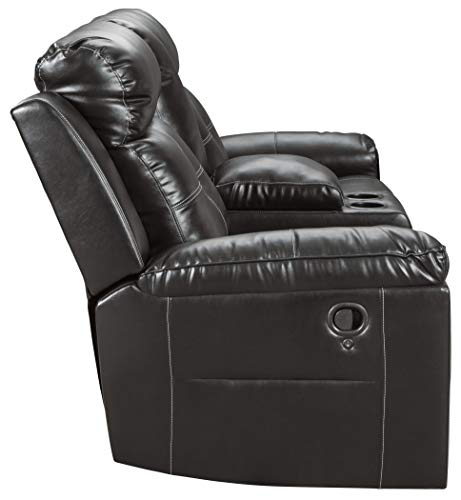 Signature Design by Ashley Kempten Faux Leather Manual Reclining Sofa with High Back, Center Console and Blue LED Lighting, Black