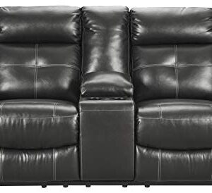 Signature Design by Ashley Kempten Faux Leather Manual Reclining Sofa with High Back, Center Console and Blue LED Lighting, Black