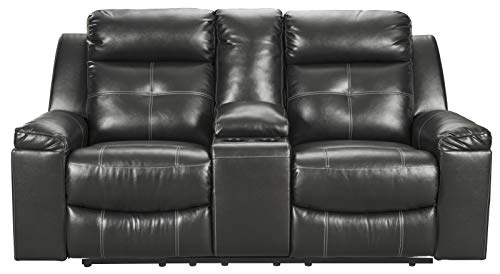 Signature Design by Ashley Kempten Faux Leather Manual Reclining Sofa with High Back, Center Console and Blue LED Lighting, Black