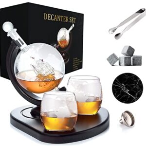 SALE | Whiskey Decanter Globe Set with 2 Etched Globe Whisky Glasses - Included - Whiskey Stones, Ice Tong, Coasters - Gifts For Men Dad - Liquor, Bourbon, Scotch, Vodka with a Wood Stand - 850ml