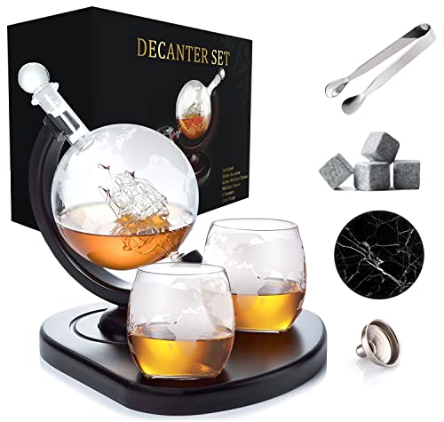 SALE | Whiskey Decanter Globe Set with 2 Etched Globe Whisky Glasses - Included - Whiskey Stones, Ice Tong, Coasters - Gifts For Men Dad - Liquor, Bourbon, Scotch, Vodka with a Wood Stand - 850ml