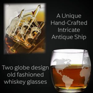 SALE | Whiskey Decanter Globe Set with 2 Etched Globe Whisky Glasses - Included - Whiskey Stones, Ice Tong, Coasters - Gifts For Men Dad - Liquor, Bourbon, Scotch, Vodka with a Wood Stand - 850ml