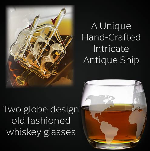 SALE | Whiskey Decanter Globe Set with 2 Etched Globe Whisky Glasses - Included - Whiskey Stones, Ice Tong, Coasters - Gifts For Men Dad - Liquor, Bourbon, Scotch, Vodka with a Wood Stand - 850ml