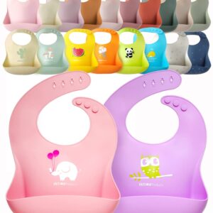 YMCF Products 2-Pack Waterproof Silicone Baby Bib Lightweight Comfortable Easy-Wipe Clean (Purple/Light Pink, Large)