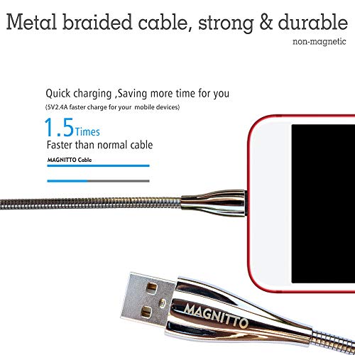 MAGNITTO Metal Braided Cord, USB Charging Cable, Stainless Steel, Strong Durable Wire, Tangle Free, Data sync high Speed 3.3ft, Silver Charger Cable