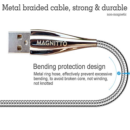 MAGNITTO Metal Braided Cord, USB Charging Cable, Stainless Steel, Strong Durable Wire, Tangle Free, Data sync high Speed 3.3ft, Silver Charger Cable