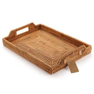 hand-woven rattan rectangular serving tray with handles for breakfast, drinks, snack for coffee table (17x11.4x1.8inches)