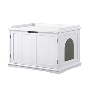 unipaws designer cat washroom storage bench, litter box cover, sturdy wooden structure, spacious storage, easy assembly, fit most of litter box, white