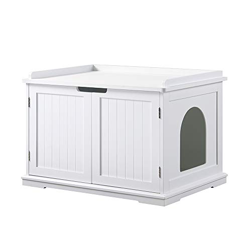 unipaws Designer Cat Washroom Storage Bench, Litter Box Cover, Sturdy Wooden Structure, Spacious Storage, Easy Assembly, Fit Most of Litter Box, White