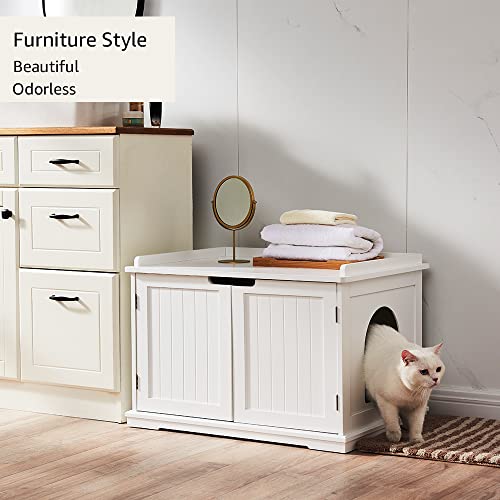 unipaws Designer Cat Washroom Storage Bench, Litter Box Cover, Sturdy Wooden Structure, Spacious Storage, Easy Assembly, Fit Most of Litter Box, White