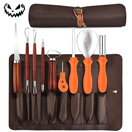 MeiGuiSha 10 Pieces Professional Wooden Pumpkin Carving Tools Kit Kit-13 Cuts, Scoops, Scrapers, Saws, Loops, Knives with Reusable PU Case Set, Knives with Reusable PU Case Set