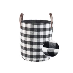 collapsible round storage basket with leather handles, woolen fabric easter eggs basket home decorative organizer, medium, black white grey grids