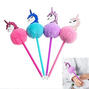 abhay 4 pack unicorn pom pom pen novelty pen colorful fluffy ball pen for unicorn party supplies