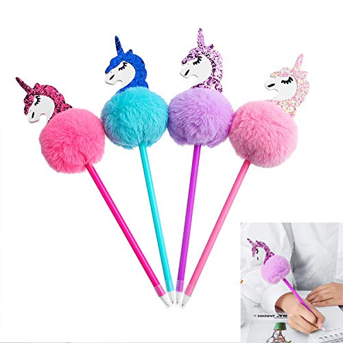 Abhay 4 Pack Unicorn Pom Pom Pen Novelty Pen Colorful Fluffy Ball Pen for Unicorn Party Supplies