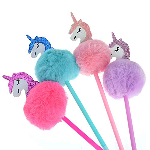 Abhay 4 Pack Unicorn Pom Pom Pen Novelty Pen Colorful Fluffy Ball Pen for Unicorn Party Supplies