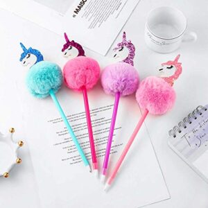 Abhay 4 Pack Unicorn Pom Pom Pen Novelty Pen Colorful Fluffy Ball Pen for Unicorn Party Supplies
