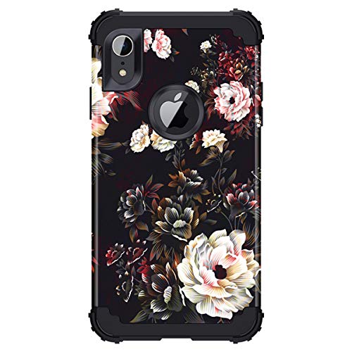 LONTECT for iPhone XR 2018 Case Floral 3 in 1 Heavy Duty Hybrid Sturdy High Impact Shockproof Rugged Durable Protective Cover Case for Apple iPhone XR 6.1, White Flower/Black