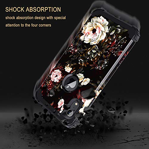 LONTECT for iPhone XR 2018 Case Floral 3 in 1 Heavy Duty Hybrid Sturdy High Impact Shockproof Rugged Durable Protective Cover Case for Apple iPhone XR 6.1, White Flower/Black