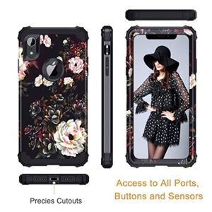 LONTECT for iPhone XR 2018 Case Floral 3 in 1 Heavy Duty Hybrid Sturdy High Impact Shockproof Rugged Durable Protective Cover Case for Apple iPhone XR 6.1, White Flower/Black