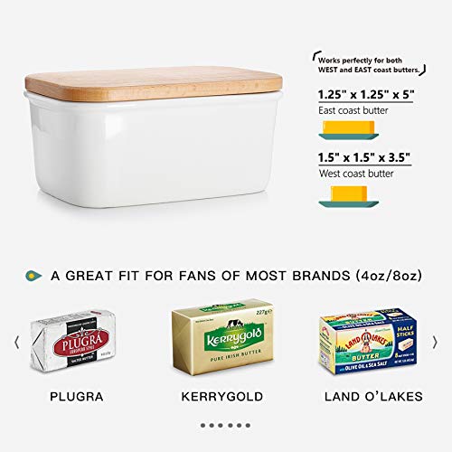 Sweese 301.101 Large Butter Dish - Porcelain Keeper with Beech Wooden Lid, Perfect for 2 Sticks of Butter, White