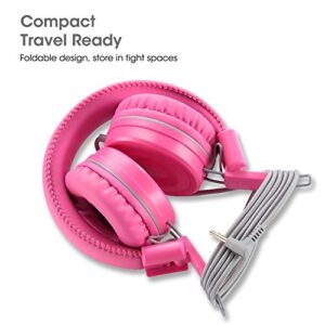 Kids Headphones-noot products K22 Foldable Stereo Tangle-Free 5ft Long Cord 3.5mm Jack Plugin Wired On-Ear Headset for iPad/AmazonKindle,Fire/Girls/Boys/School/Laptop/Travel/Plane/Tablet FlamingoPink