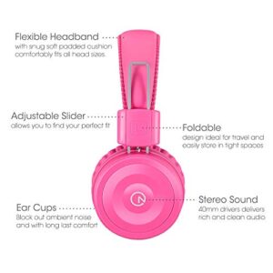 Kids Headphones-noot products K22 Foldable Stereo Tangle-Free 5ft Long Cord 3.5mm Jack Plugin Wired On-Ear Headset for iPad/AmazonKindle,Fire/Girls/Boys/School/Laptop/Travel/Plane/Tablet FlamingoPink