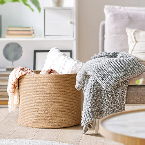 Goodpick Round Wicker Storage Basket, Woven Laundry Basket with Handles, Floor Basket for Blankets, Shoe, Large Jute Basket for Living Room, Bedroom Room, 15.8 D x 12.6 H inches