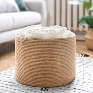Goodpick Round Wicker Storage Basket, Woven Laundry Basket with Handles, Floor Basket for Blankets, Shoe, Large Jute Basket for Living Room, Bedroom Room, 15.8 D x 12.6 H inches