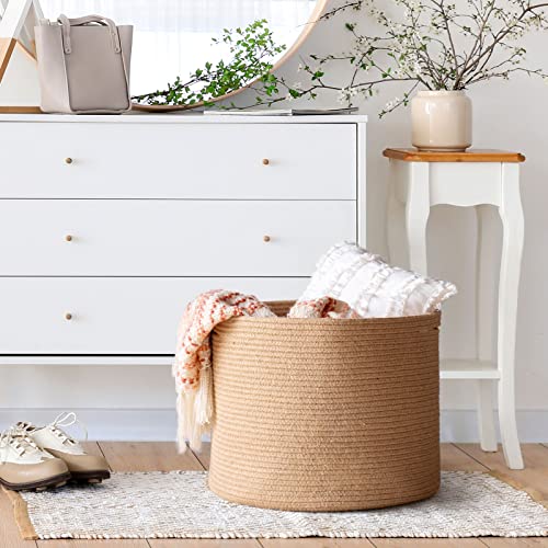 Goodpick Round Wicker Storage Basket, Woven Laundry Basket with Handles, Floor Basket for Blankets, Shoe, Large Jute Basket for Living Room, Bedroom Room, 15.8 D x 12.6 H inches