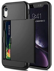 samonpow case for iphone xr hybrid iphone xr wallet case card holder shell heavy duty anti scratch dual layer hard pc soft rubber bumper cover for iphone xr 6.1 inch black