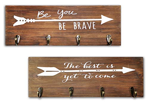 Spiretro Wall Key Hanger, Metal Hook Rack Organize Coat Hat Bag, Leash Holder, Set of 2 for Kids Entryway Hallway, Funny Arrow Sign & Inspirational Words, Rustic Wood_Teak