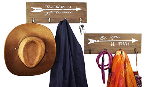 Spiretro Wall Key Hanger, Metal Hook Rack Organize Coat Hat Bag, Leash Holder, Set of 2 for Kids Entryway Hallway, Funny Arrow Sign & Inspirational Words, Rustic Wood_Teak