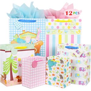 FZOPO Baby Gift Bag Assortment, Heavy Duty Paper Gift Bags, Pack of 12 Small, Medium, Extra Large Bags for Baby Shower, Birthday, Parties, Baby Girl, and Baby Boy