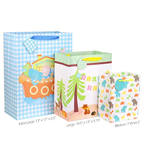 FZOPO Baby Gift Bag Assortment, Heavy Duty Paper Gift Bags, Pack of 12 Small, Medium, Extra Large Bags for Baby Shower, Birthday, Parties, Baby Girl, and Baby Boy