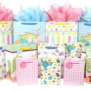 FZOPO Baby Gift Bag Assortment, Heavy Duty Paper Gift Bags, Pack of 12 Small, Medium, Extra Large Bags for Baby Shower, Birthday, Parties, Baby Girl, and Baby Boy