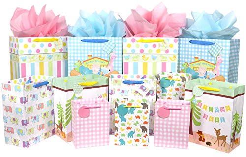FZOPO Baby Gift Bag Assortment, Heavy Duty Paper Gift Bags, Pack of 12 Small, Medium, Extra Large Bags for Baby Shower, Birthday, Parties, Baby Girl, and Baby Boy