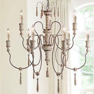 LALUZ Farmhouse Wood Chandeliers for Dining Rooms, 9-Light Distressed French Country Lighting, D39 H38